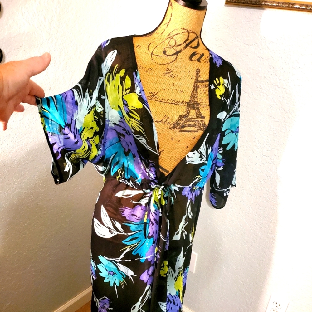 Vibrant Tropical Escape Black Floral Swim Coverup w/ Teal, Purple & Lime Accents